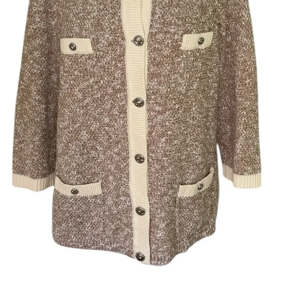 J. Jill Wearever Contrast Trimmed Knit Cardigan Jacket in Camel/Porcelain - M